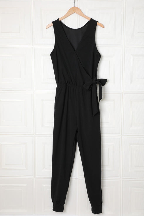 Deep V-Neck Sleeveless Solid Jumpsuit